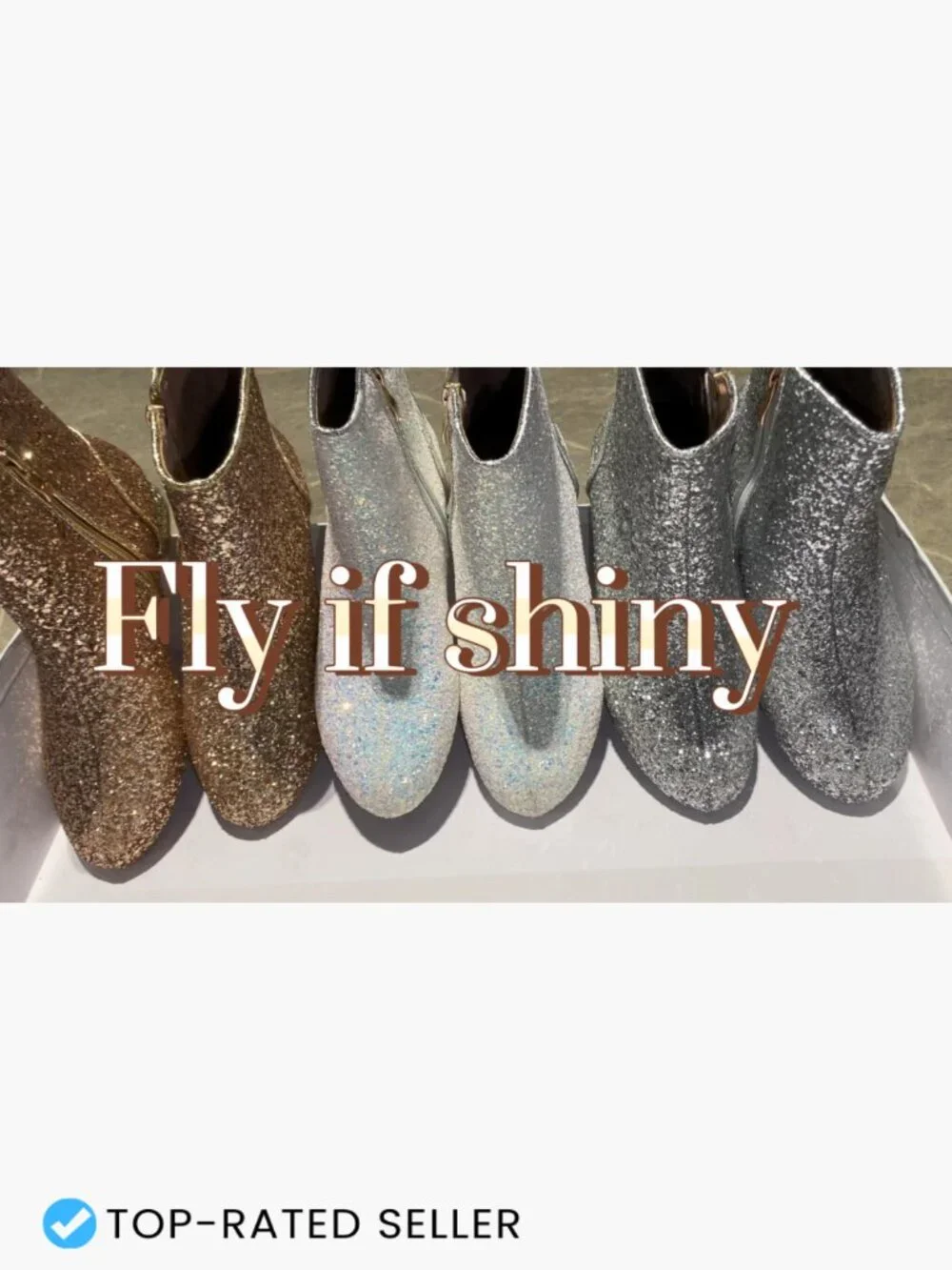 Low Heel Sequin Ankle Boots Sparkly Glitter Booties Chunky Heel Zip Closure